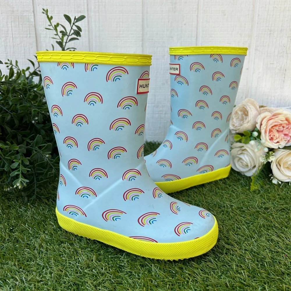 Hunter Bleached Blue & Zesty Yellow Kids Rain Boots with Rainbow Print Sz US 11